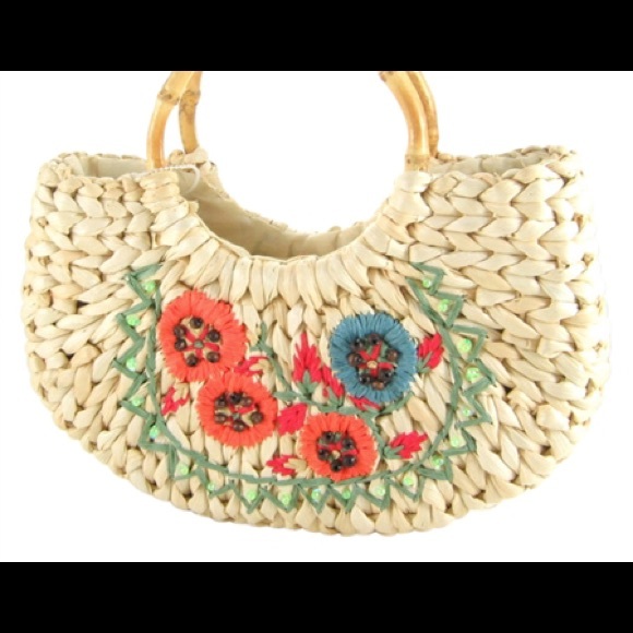 Floral Woven Clutch with Bamboo Handles - Picture 2 of 2